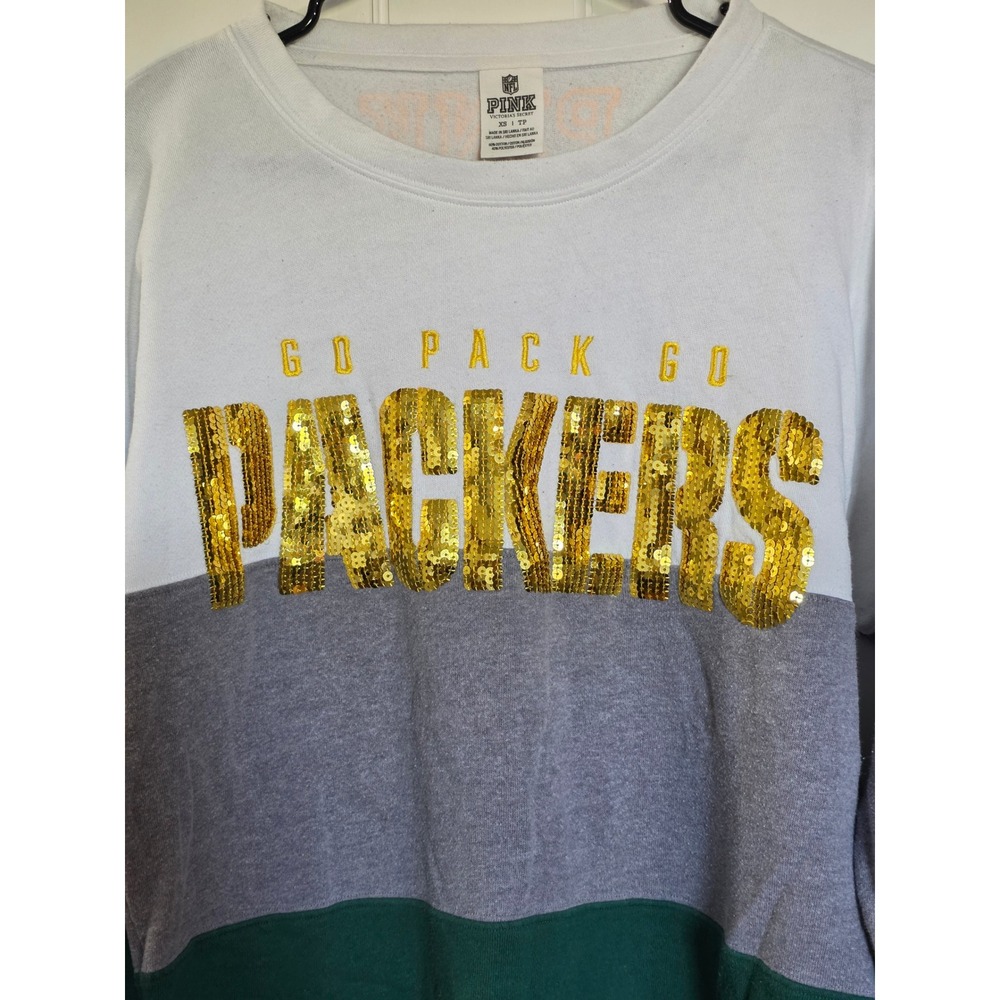 PINK Victoria's Secret Green Bay Packers Sequin Sweatshirt Grey Green XS RARE - Picture 4 of 9